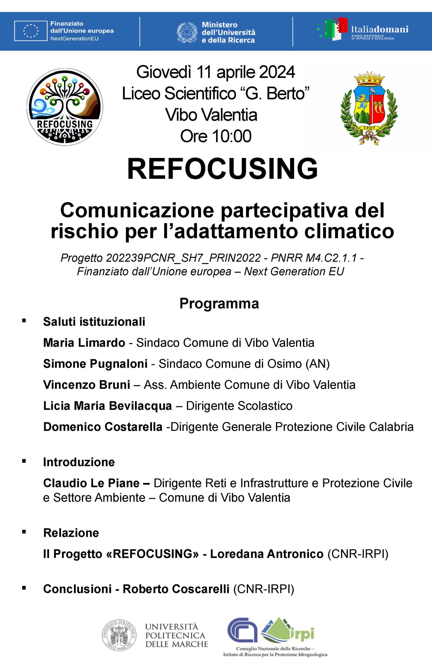 Presentazione del progetto PRIN 2022 REFOCUSING che mira ad una comunicazione partecipata del rischio per l’adattamento climatico – 11/04/2024