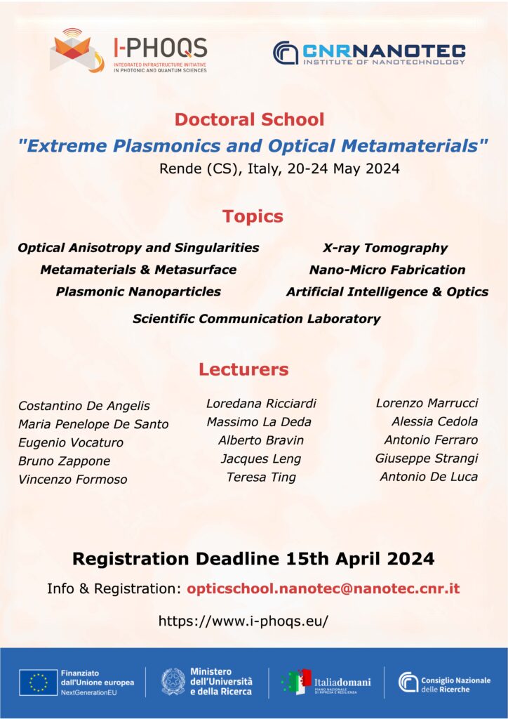 I-PHOQS Doctoral School Week on “Extreme Plasmonics and Optical Metamaterials” May 20-24 2024 – Rende (CS)