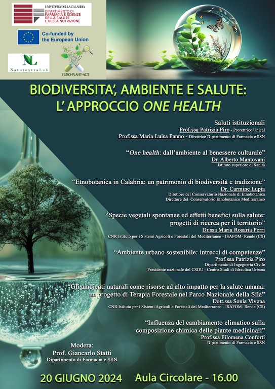 Biodiversità, ambiente e salute: l’approccio one health – 20/06/2024 – UNICAL, Aula Circolare ore 16.00