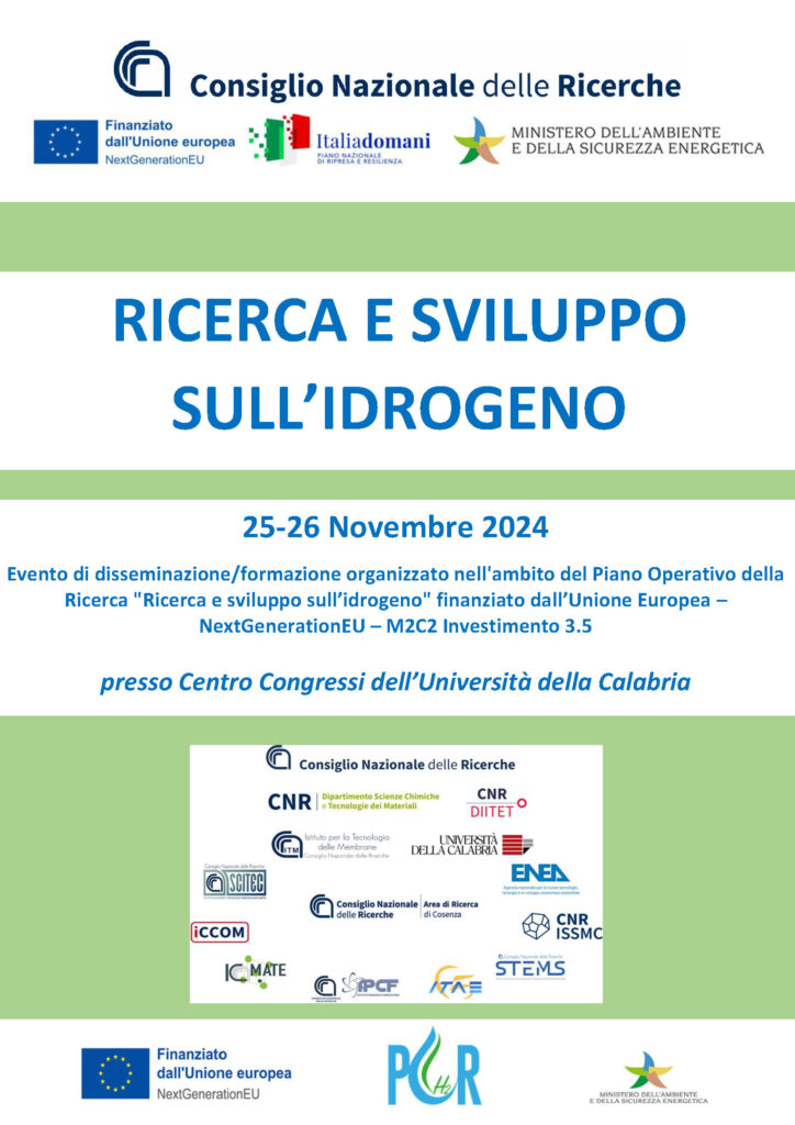 EVENTO DI DISSEMINIAZIONE/FORMAZIONE: RICERCA E SVILUPPO SULL’IDROGENO – 25 e 26 Novembre – UNICAL (CS)