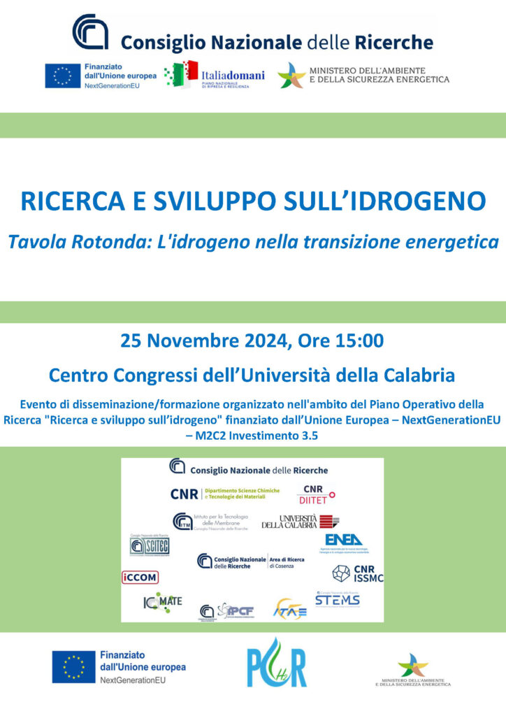 Tavola Rotonda: L’idrogeno nella transizione energetica      25 Novembre ore 15:00 – Centro Congressi UNICAL (CS)