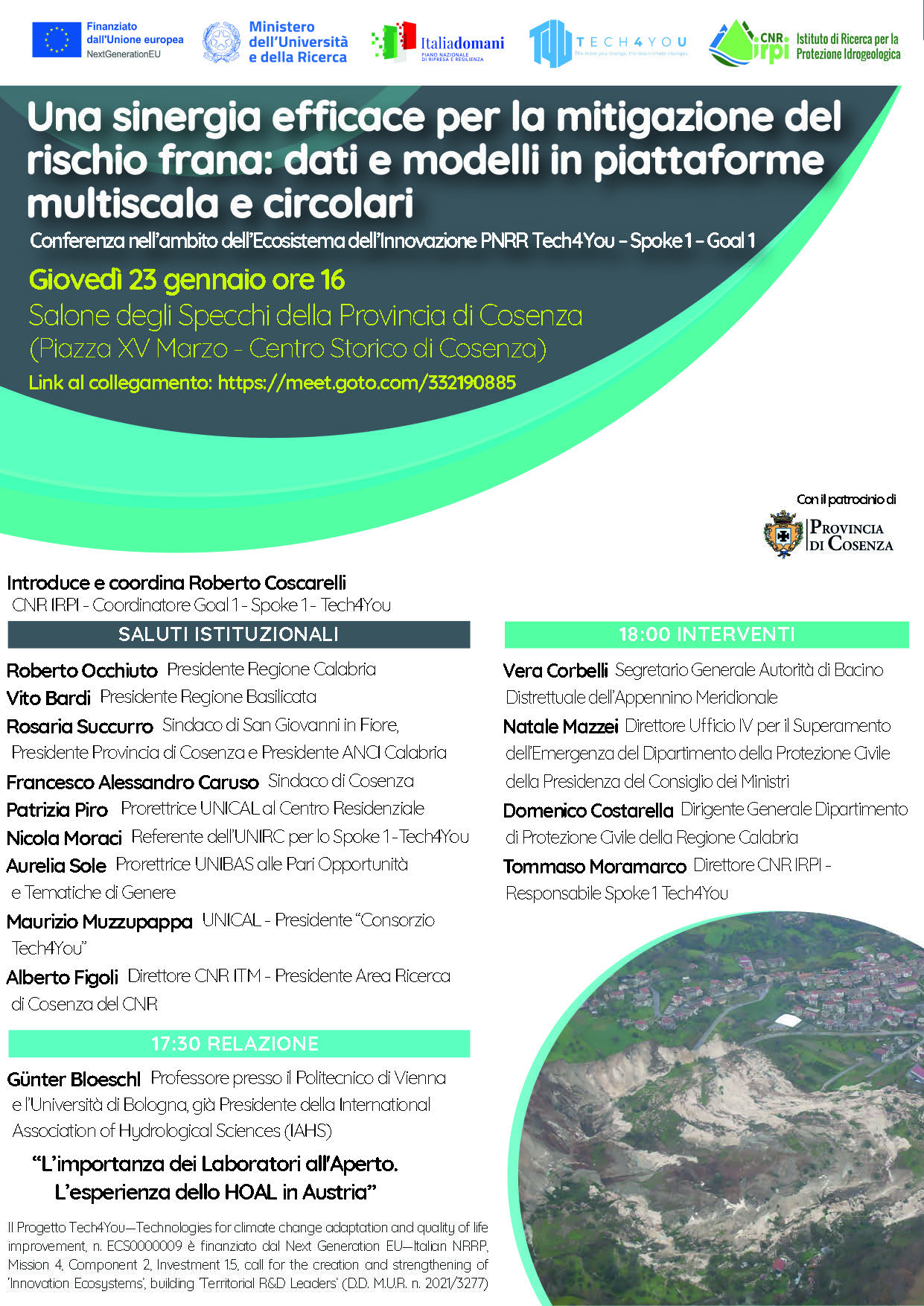 Conferenza: Una sinergia efficace per la mitigazione del rischio frana: dati e modelli in piattaforme multiscala e circolari – 23/01/2025 ore 16.00 – Salone degli Specchi della Provincia di Cosenza