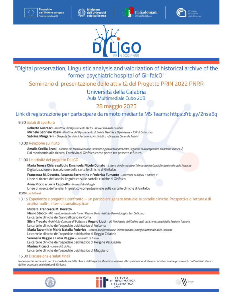 Seminario di presentazione delle attività del PROGETTO PRIN 2022 PNRR: DILIGO – 28/05/2025 ore 9.30 – Aula Multimediale cubo 20B – UNICAL