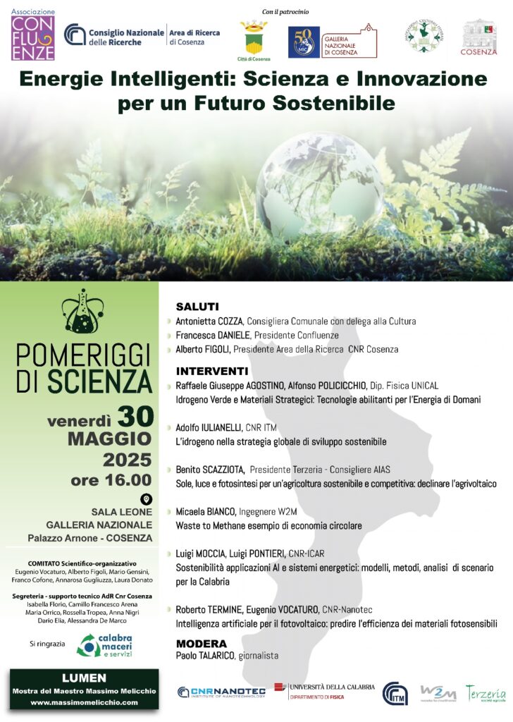 Pomeriggi di Scienza: Energie Intelligenti: Scienza e Innovazione per un futuro sostenibile – 30/05/2025 ore 16.00 Palazzo Arnone (Cosenza)