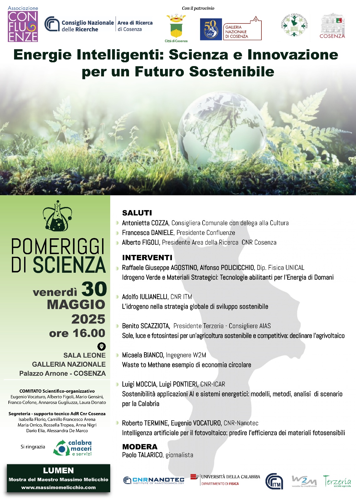 Pomeriggi di Scienza: Energie Intelligenti: Scienza e Innovazione per un futuro sostenibile – 30/05/2025 ore 16.00 Palazzo Arnone (Cosenza)