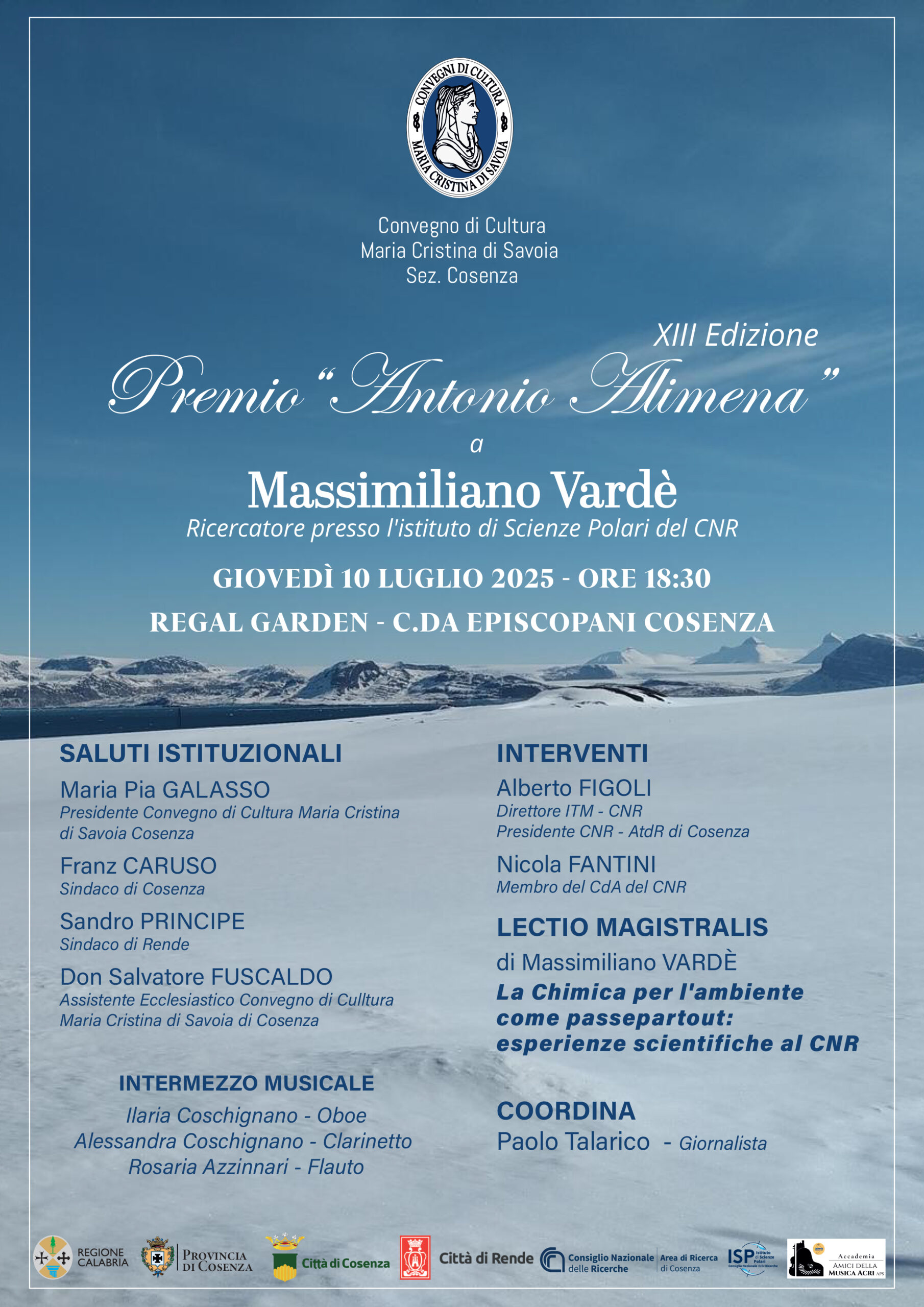 XIII Edizione – Premio “Antonio Alimena” a Massimiliano Vardè, Ricercatore presso l’Istituto di Scienze Polari del CNR – 10/07/2025 ore 18:30 – Regal Garden – Cosenza