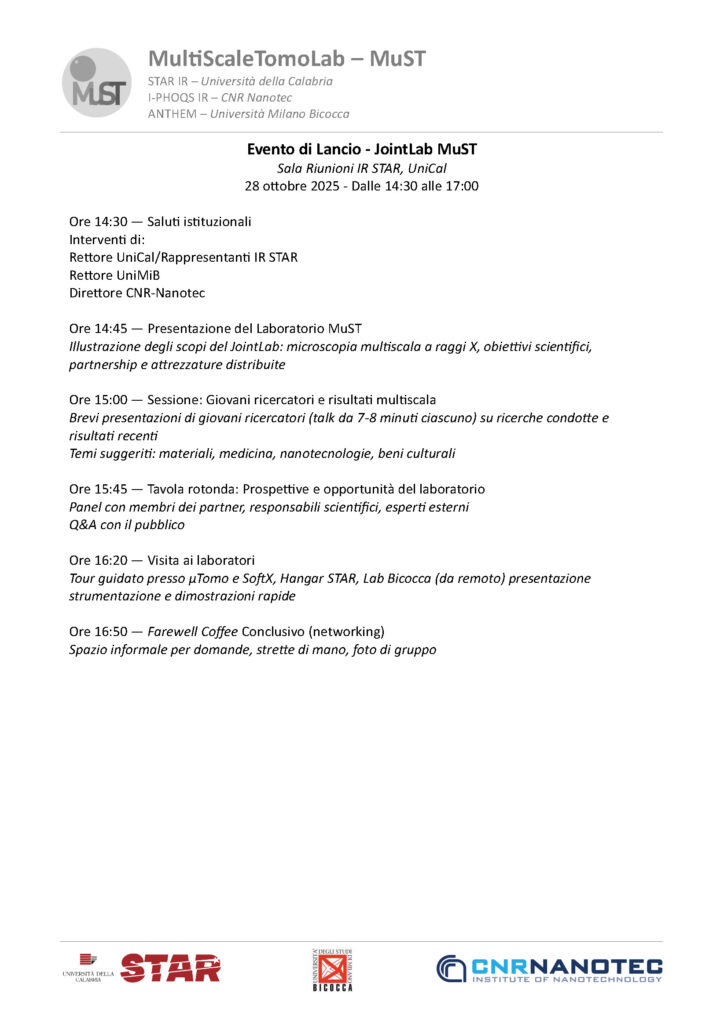 Evento di Lancio - JointLab MuST Sala Riunioni IR STAR, UniCal 28 ottobre 2025 - Dalle 14:30 alle 17:00